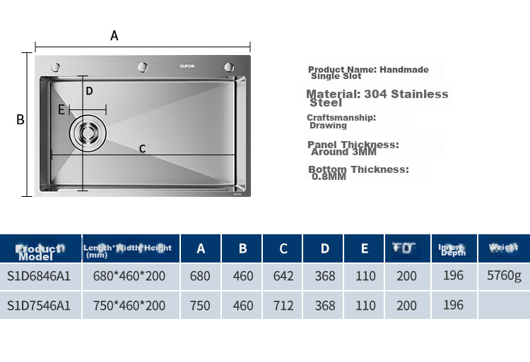 SUPOR 304 Stainless Steel Single Bar Large Single Groove Sink, Kitchen Washbasin for Washing Hands And Vegetables 27