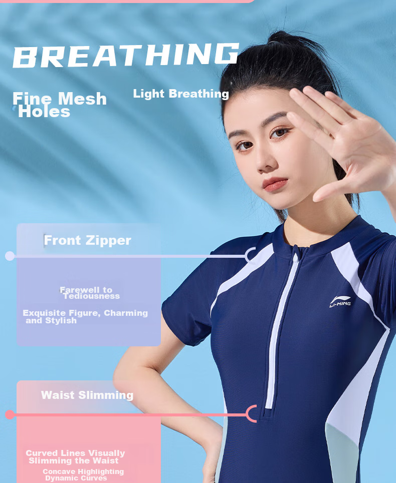 Li-Ning Women's Professional One-Piece Conservative Boyshort Swimsuit, Tummy-Covering Slimming Casual Training Hot Spring Swimwear 514 Navy Blue 3XL 4