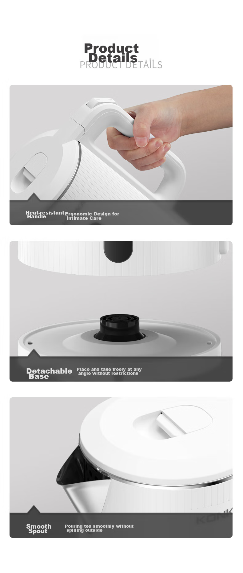 KONKA Electric Kettle, 304 Stainless Steel Double-Layer Anti-Scalding, 2.2L Large Capacity, Household Insulated Water Boiler, Hot Water Kettle, KDSH-2233 16