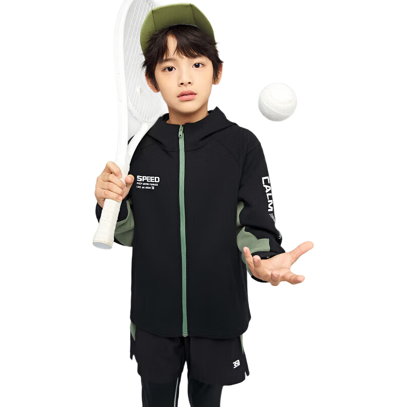 361° Children's Clothing, Boys' Hooded Knit Sports Jacket for Spring And Autumn, for Older Children, Black, Size 130