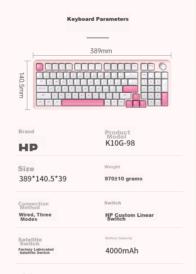 HP K10G-98 Custom Mechanical Keyboard, E-Sports Gaming Bluetooth Wireless Tri-Mode Keyboard, 98-Key Layout with Knob, Full Hot-Swappable Keys 13