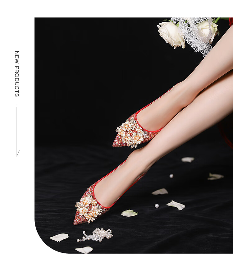 Josiny Elegant Wedding Shoes, High Heels for Women, Chinese-Style Wedding Shoes to Match Dresses, Qipao, Toasting without Fatigue, Red, Size 35 8