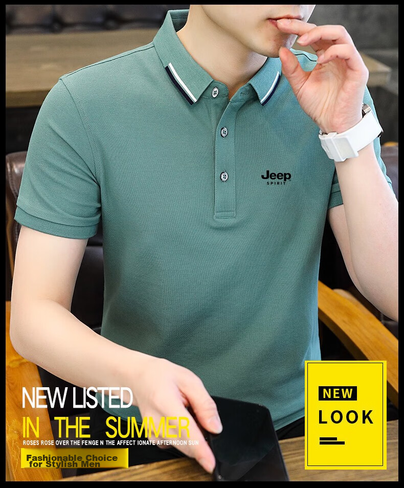 JEEP SPIRIT Men's Short Sleeve T-Shirt Summer Polo Shirt Casual Versatile Top Blue Green 3XL 5