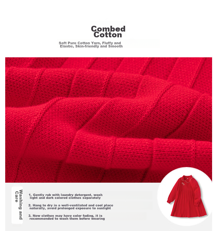 BALABALA Girls' New Chinese-Style Knitted Dress, Spring 2025 Collection, Red Pleated Princess Greeting Dress, 208125111001 11