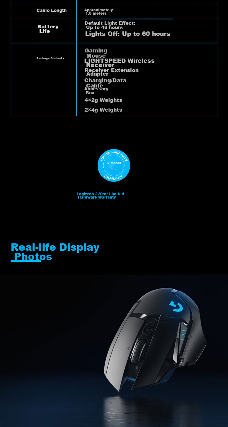 G G502 Wireless Gaming Mouse, Dual-Mode Wireless And Wired Mouse, Ergonomic Design with Customizable Weight Distribution, RGB Backlight, Wireless Charging, FPS Black Myth: Wukong 12