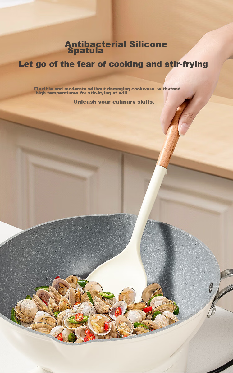 JD Original Spatula, Ladle, And Soup Spoon Set for Non-Stick Pans with Beech Wood Handles [Antibacterial Silicone] Three-Piece Spatula Set 8