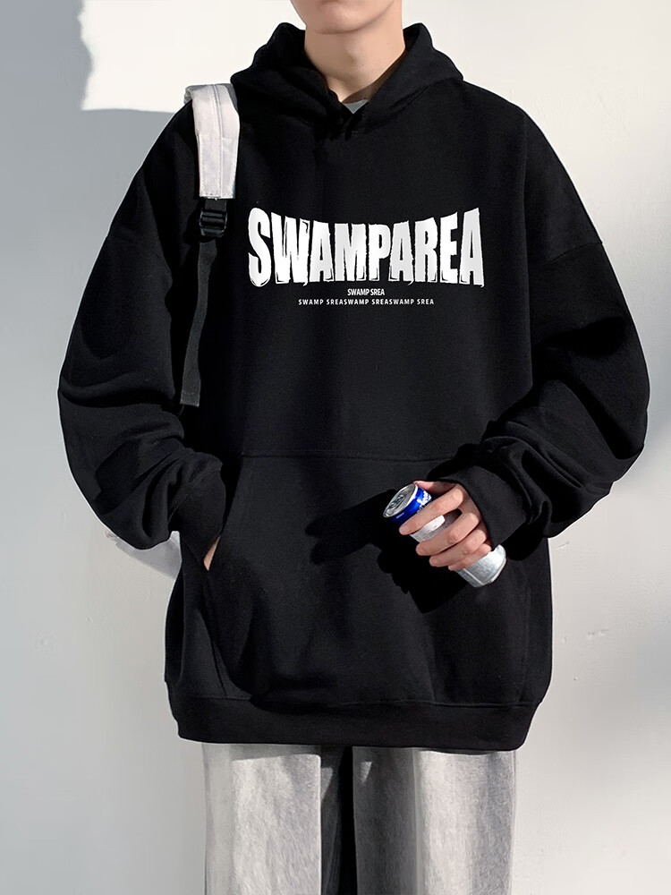 SWAMP AREA American-Style Hooded Men's Sweatshirt, Spring And Summer Loose-Fitting Heavy Casual College-Style Pullover Top, SAR02 Black L 4