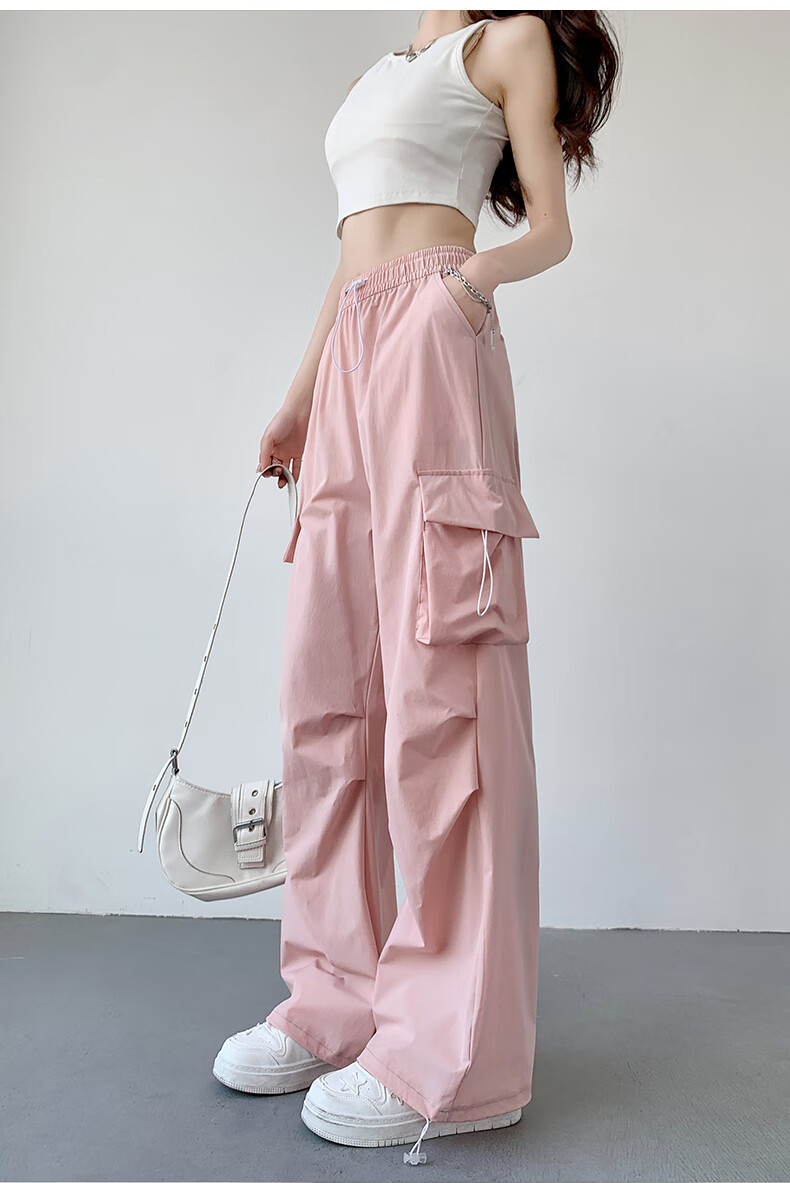 LangSha American-Style Parachute Cargo Pants for Women, Summer Ice Silk High-Waist Wide-Leg Loose Casual Quick-Dry Outdoor Sports Pants 56