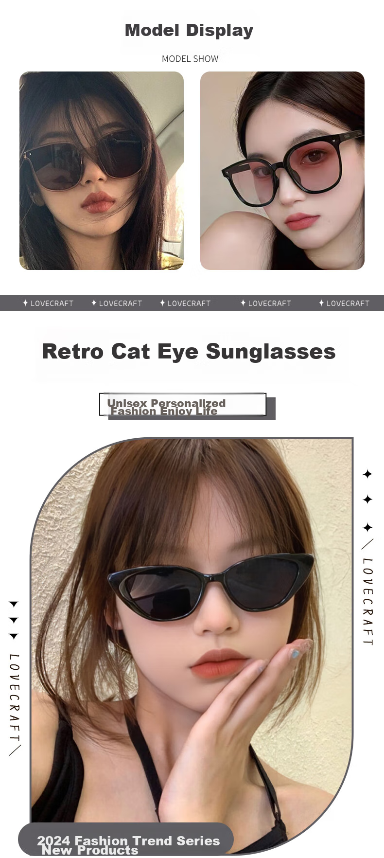 LOVECRAFT Black Vertical Stud Sunglasses for Women, Retro Narrow White Frame, High-End New Style UV Protection Sunglasses 10