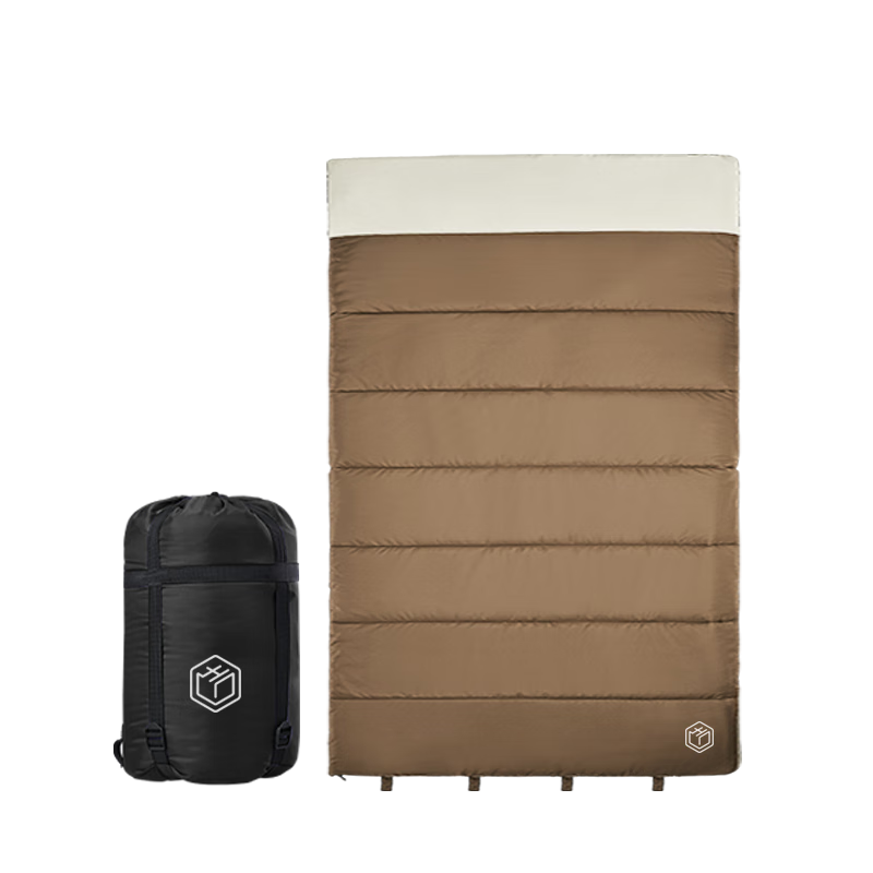 JD Original Envelope-Style Double-Person Brushed Sleeping Bag, Outdoor Camping Moisture-Proof Soft Fitted Constant Temperature Thickened, Coffee Color 3.2kg