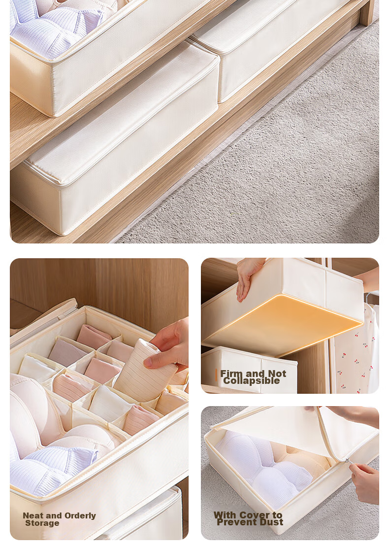 Taili Underwear Storage Box with Four Compartments, Foldable Closet Organizer Basket for Home Use, 1 Piece in Beige 2