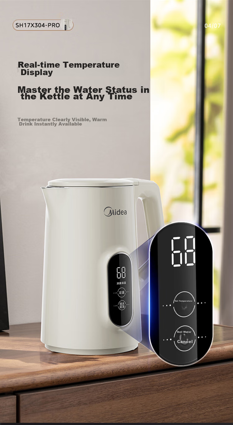 Midea Electric Kettle with Automatic Shut-Off And Temperature Control, 316L Stainless Steel, Baby-Safe Grade, 7 Temperature Settings, 1.7L Large Capacity, 17X304-PRO 7