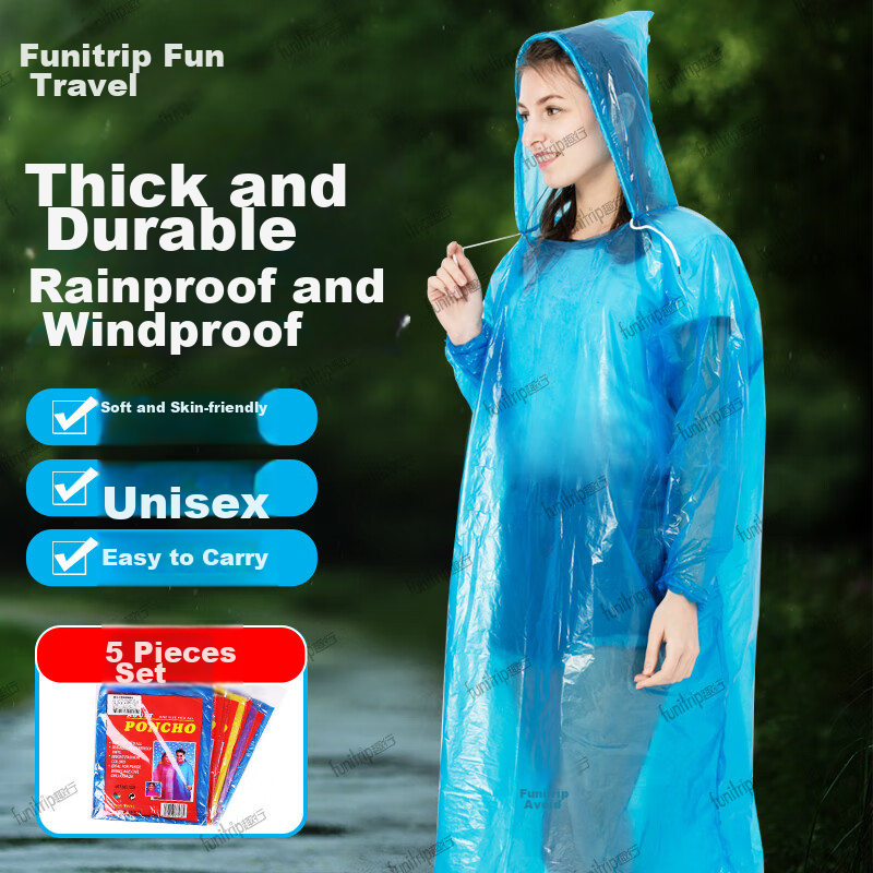 Quxing Thickened Raincoat with Hood Rope, One Size Fits All Poncho, Outdoor Travel Large Disposable Raincoat, Random Color, 5 Pieces