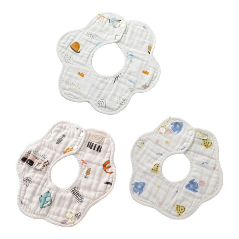 Shiyuejiejing Lace Bibs, 3 Pieces, 6-Layer Waterproof, 0-2 Years Old Drool Bib, Infant Baby Neck Gaiter, Eating Bib, Tongmeng Guofeng Style
