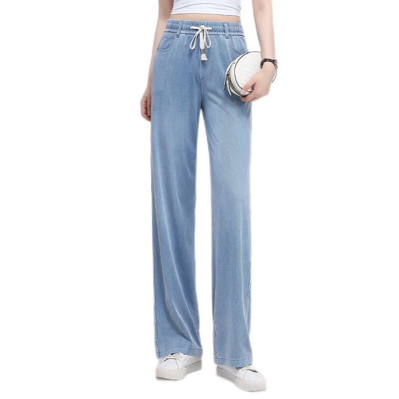 Meishi Summer Lightweight Tencel Denim Wide-Leg Pants for Women Casual Slim Straight-Leg Trousers 8006 Blue 3XL