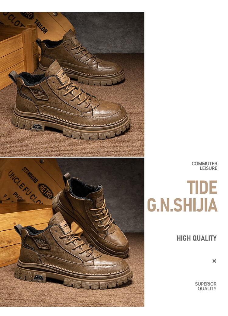 Bull Family Martin Boots Men New British Style Mid-High Casual Shoes Outdoor Fleece-Lined Warm Work Boots for Men 28