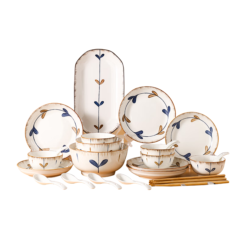 Hechuanwu Bowl And Plate Set, Home Use Tableware, Japanese Underglaze Color Dinnerware Set, Gift Box Packaging, 32-Piece Orchid Pavilion Preface Desig