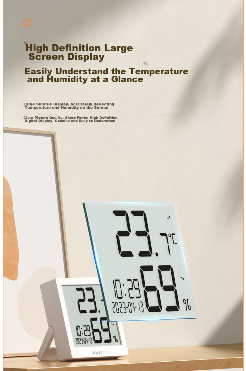 Deli Indoor Temperature And Humidity Meter, LCD Electronic Thermometer And Hygrometer, Gift for Elderly And Children, Birthday Present with Backlight Function, Baby Room Office Supplies, White LE501-WH 12