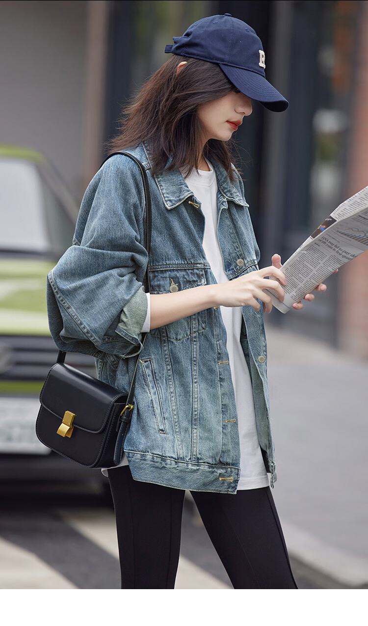 Dme [Danning Jiini] Spring And Autumn Vintage Commuter Distressed Lapel Loose-Fitting Petite Elegant Women's Denim Jacket 5