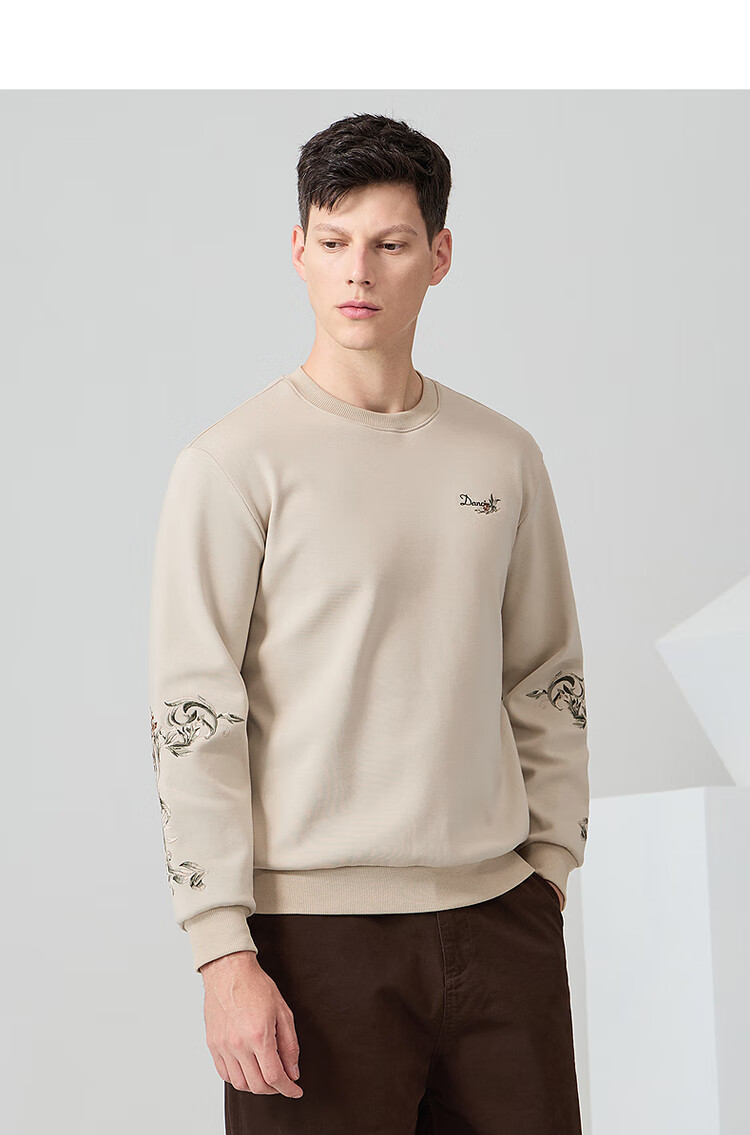 DANCING WOLVES [Fleece-Lined & Heavy Embroidery] Autumn And Winter National Trend Embroidered Crewneck Warm Men's Sweatshirt, 706 Light Khaki, Size 180 7