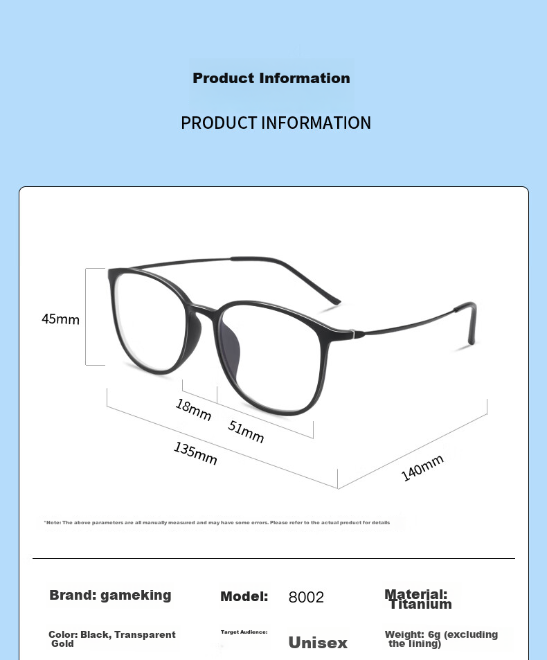 Gameking Blue Light Blocking Glasses Anti-Radiation Ultra-Light Titanium Frame Non-Prescription Myopia Glasses Frame with Prescription Lenses 8002 Transparent 11