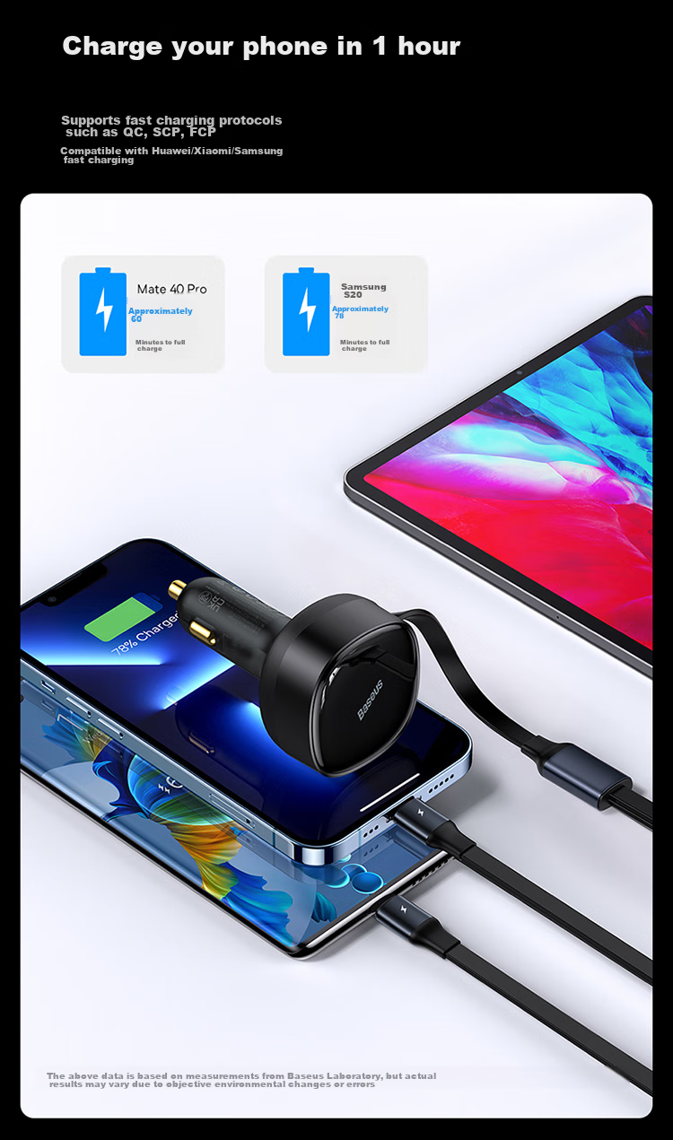BASEUS Car Charger Retractable Cable, One-To Cigarette Lighter Adapter with Built-In Cord, Super Fast Charging, Compatible with Apple 18 Pro Max, Huawei, Xiaomi 13