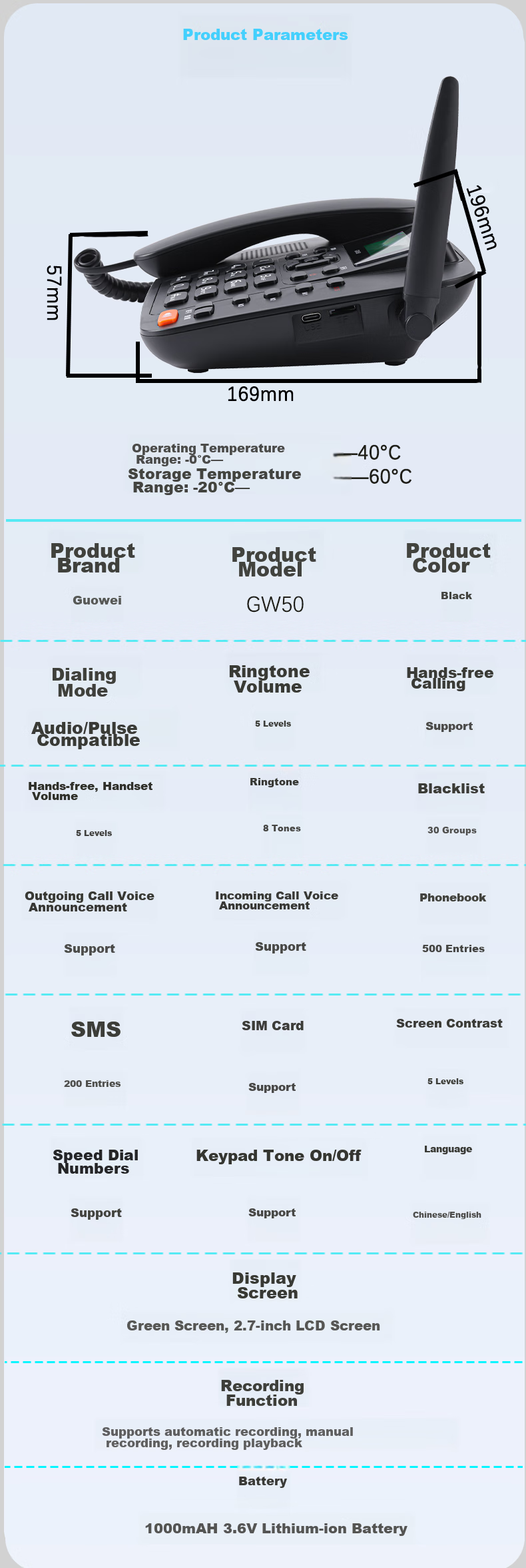 Guowei GW50 All-Network 4G5G Wireless SIM Card Telephone with Recording Function, Compatible with China Mobile, China Unicom, China Telecom And Cable TV Networks, Office And Home Use, Telemarketing, Landline Phone, Black 18
