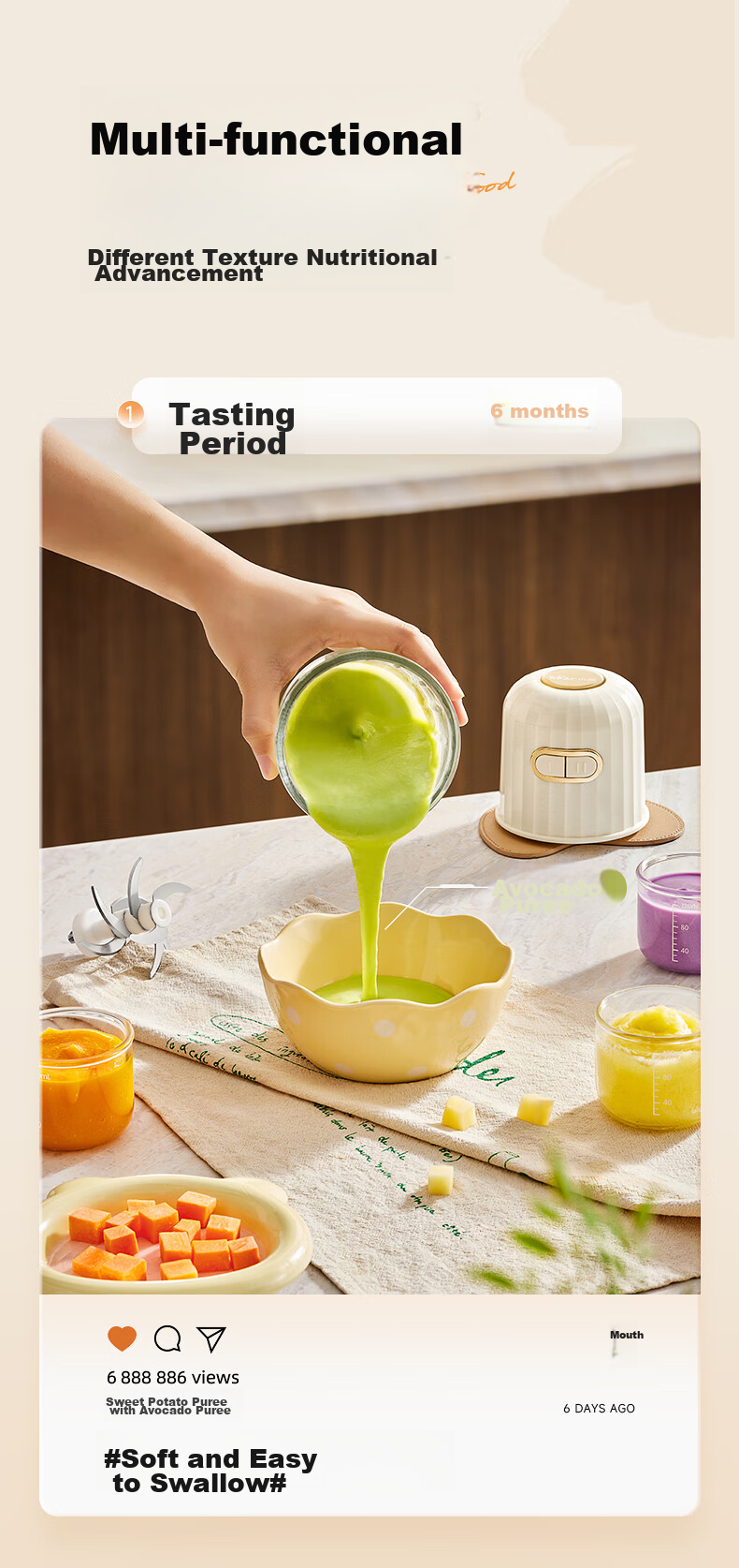 Bear Baby Food Processor, Multifunctional Small Mini Grinder And Blender, Garlic Masher, 8 Blades Single Cup Single Blade 16