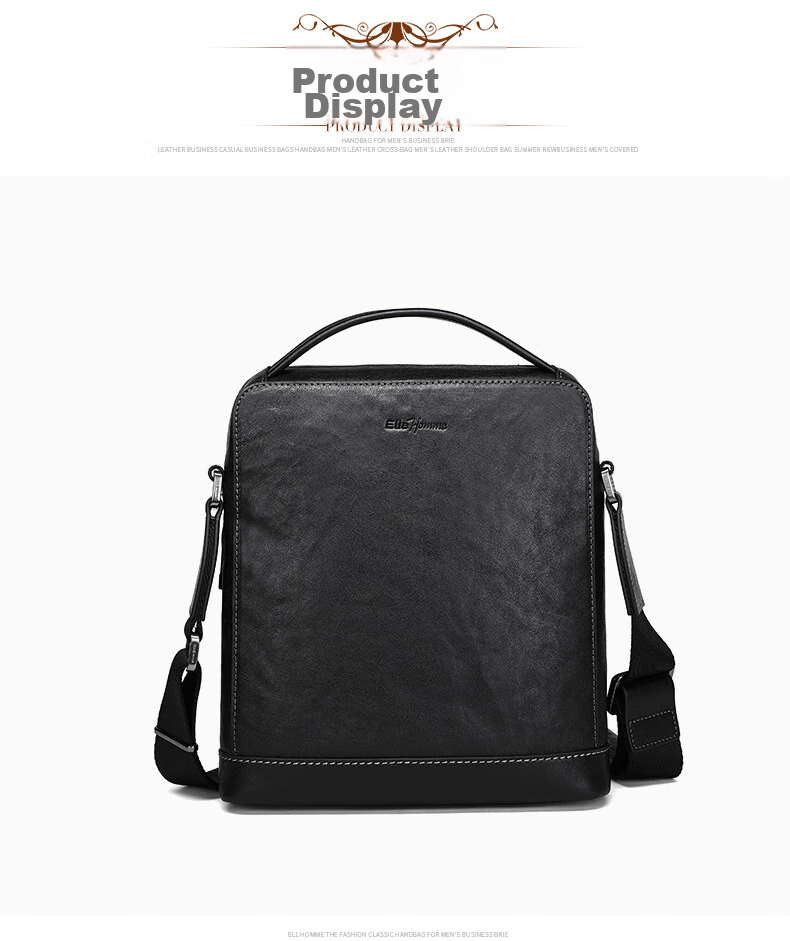 ELLE HOMME Business Men's Shoulder Bag, Fashionable Top-Grain Leather Crossbody Bag with Large Capacity, Handheld Men's Bag EA088205040 Black Birthday Gift for Boyfriend 8