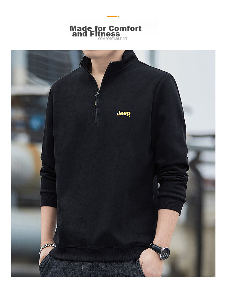 JEEP Men's Sweatshirt, Loose-Fitting Stand-Collar Long-Sleeve T-Shirt for Spring And Autumn, Casual Menswear, Black, XL 11