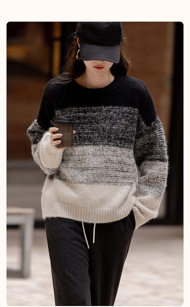 Dme [Cloud Mist] Winter Simple Korean Style Plush Colorblock Knit Slimming Stretchy Sweater for Women 1