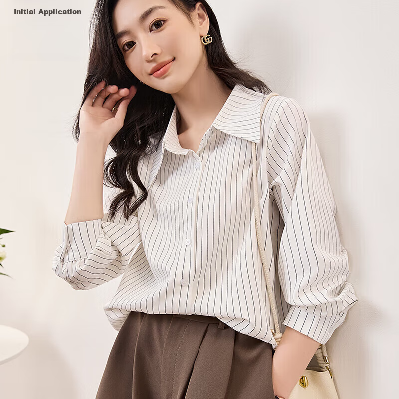 Chushen Long-Sleeve Shirt for Women, Simple Striped Versatile Casual Commuter White Blouse Top S136C2744 White M