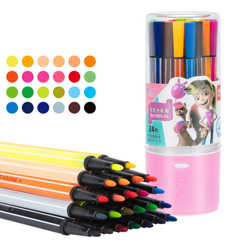 Deli 24-Color Hexagonal Fine-Tip Watercolor Markers, Washable for Children, Student Drawing Rainbow Tube Art Doodle 7060-24 Colors (Pink), Watercolor Pens, Graduation Gift for Boys And Girls