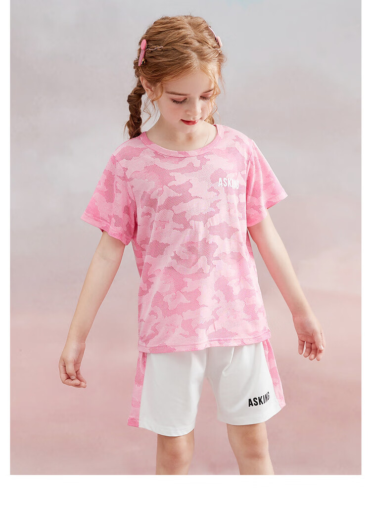 ASK JUNIOR Girls' Summer Thin Short-Sleeve T-Shirt And Shorts Set, Quick-Dry Running Children's Two-Piece Outfit, Pink, Size 140 8