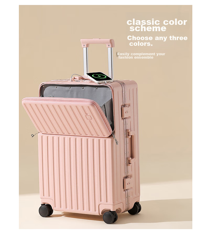DULA Aluminum Frame Front-Opening Cup Holder Luggage Suitcase with Handle, USB Charging Travel Case, Password Lock, Glossy Black, 24 Inches 3