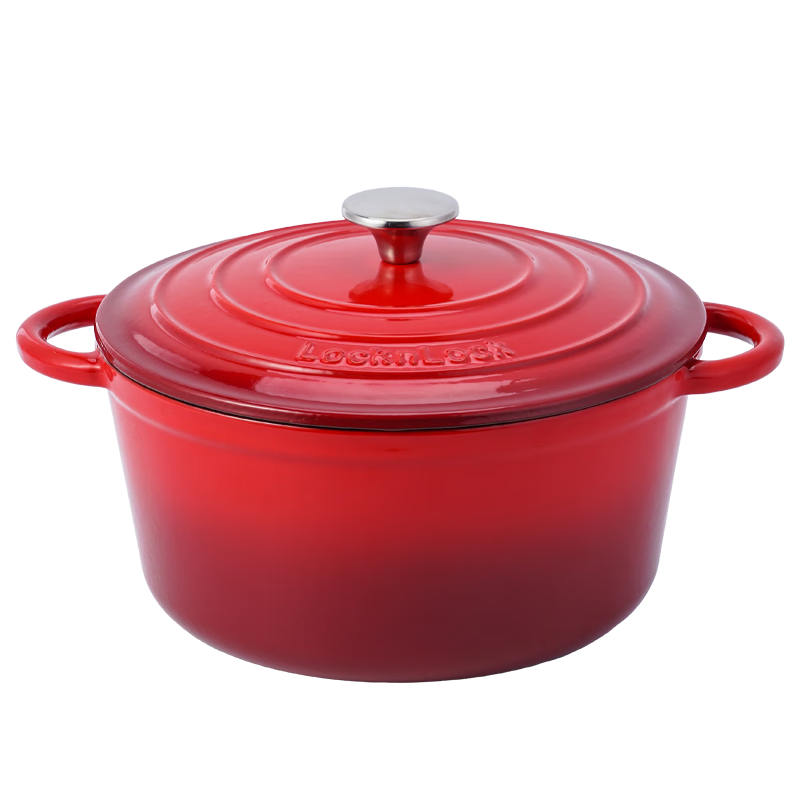 LOCK&LOCK Enamel Cast Iron Pot with Double Handles, Soup Pot, Stew Pot, Milk Pot, Cooking Pot for Noodles And Soup, Compatible with Induction Cooker And Gas Stove, Red, 24cm