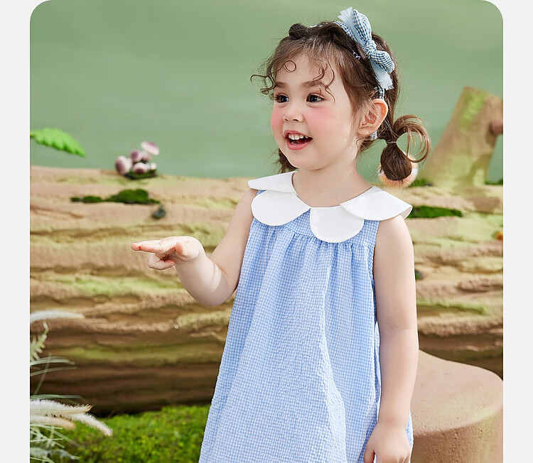 ASK JUNIOR Girls' Sleeveless Dress Summer Thin Petal Collar Plaid Casual Dress Blue Size 90 22