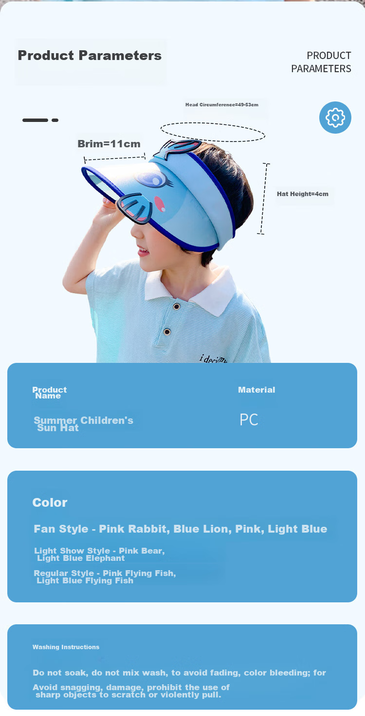 GLO-STORY Solar Fan Hat, Children's Sun Protection Cap, Outdoor Beach UV-Resistant Sun Hat 6