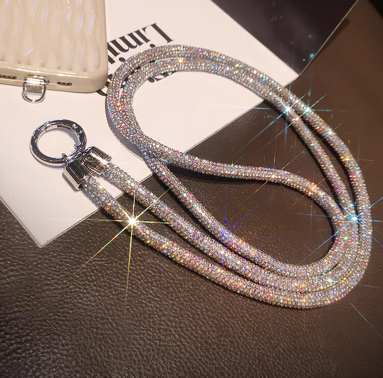 Dipuer Phone Chain Lanyard, Long Luxury Diamond Chain, High-End Anti-Loss Strap, Phone Neck Strap, Stainless Steel Clip, Patch, Women's Style [Silver Diamond Chain] 7