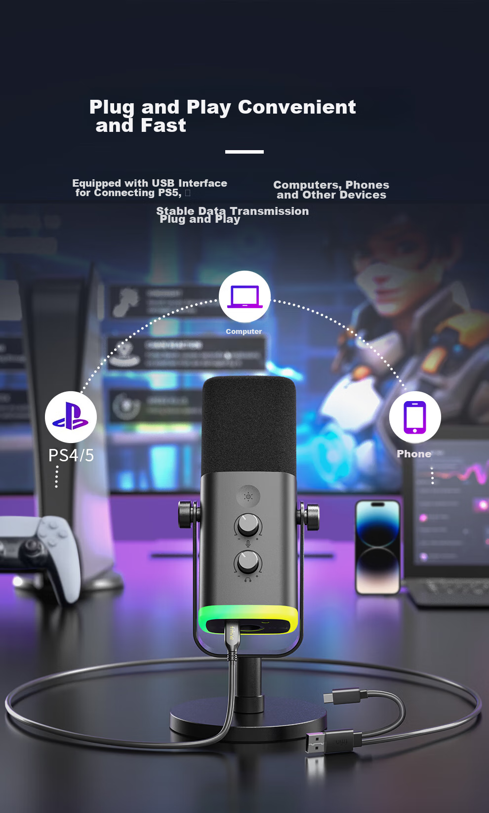 FIFINE Dynamic Noise-Cancelling USB Computer Microphone for Desktop Streamers, Live Streaming, Gaming, Recording, Karaoke, Video Use, with External Sound Card Support, Desktop RGB Microphone, Wired Microphone AM8 Black 7