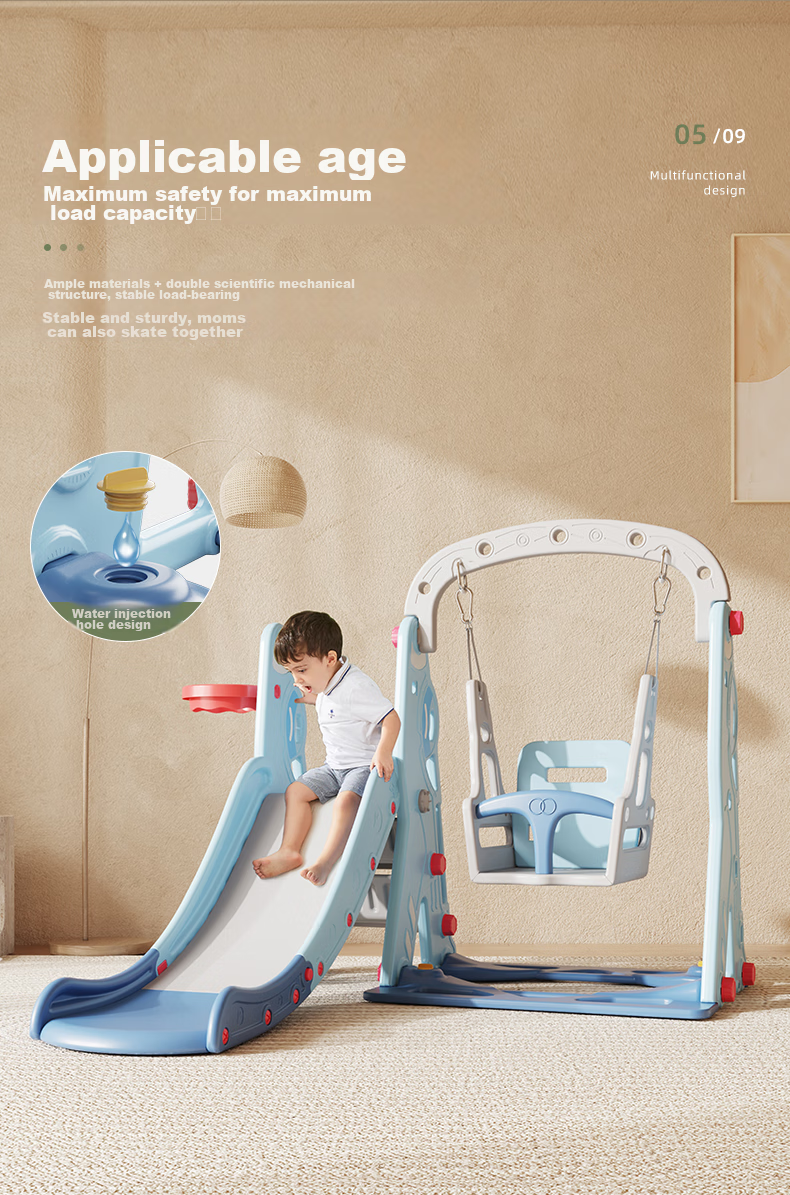 HOBBY TREE Children's Slide, Swing, Basketball Hoop Set, Indoor Playground Equipment, Multifunctional Baby Toys, Sky Blue 12