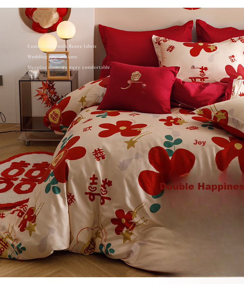 I-WILL Cotton Bedding Set, Bright Red Wedding Celebration, All-Cotton Printed Duvet Cover And Bed Sheet, New Wedding Room, "One Joy One Life", 1.8-Meter Bed 16