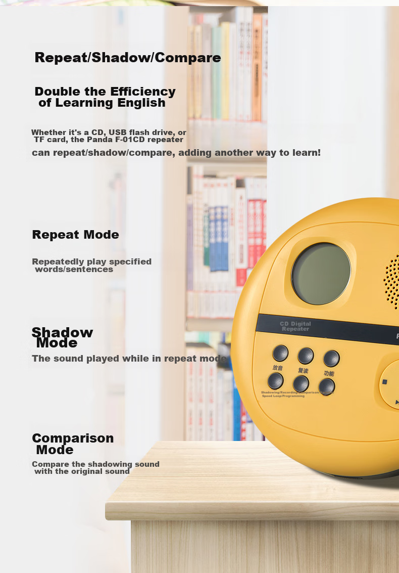 PANDA F-01 CD Player, English Repeater, Portable MP3 Player, Mini Rechargeable Card-Inserted Disc Learning Machine, Teaching Transcription Player (Yellow) 7
