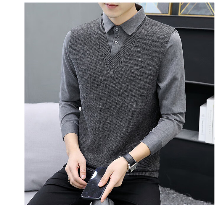 JEEP SPIRIT Men's Sweater Shirt Collar Autumn Winter Knitted Fake Two-Piece Casual Loose Trendy Jacket 4
