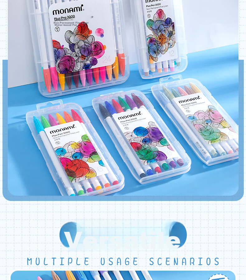Monami New P3000 Fiber Pen, Water-Based Pen, Colored Gel Pen Set, Watercolor Pen, Outlining Pen, Journaling Pen, 24 Colors in Box, 04009Z24-R Watercolor Pe 9