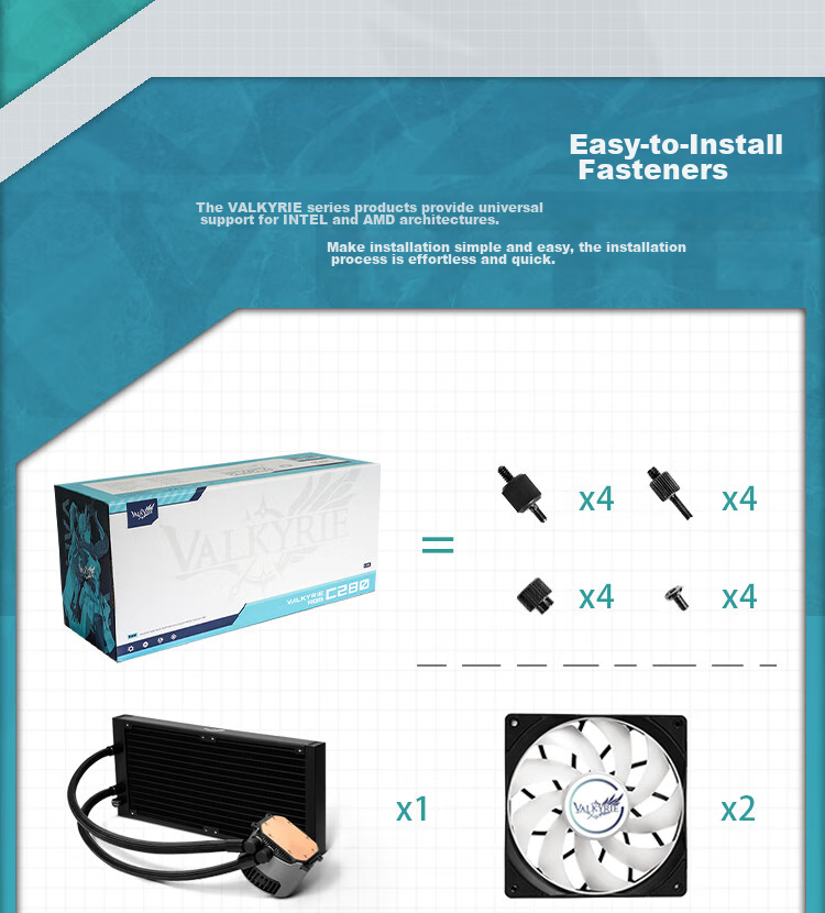 VALKYRIE C280-RGB VK All-In CPU Water Cooler, Compatible with LGA1700 AM5, ARGB Lighting Effects, Metal Fasteners 10