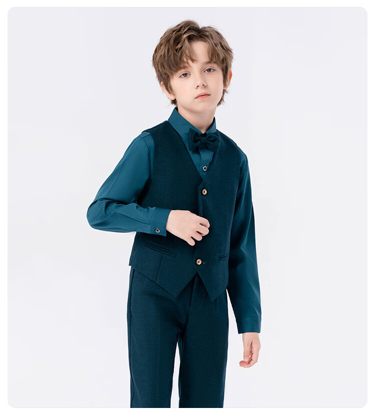 LUOBOBEIBEI Boys' Suit Set Children's Formal Wedding Flower Boy Blazer New Year Performance Outfit Dark Green Five-Piece Set Size 160 6