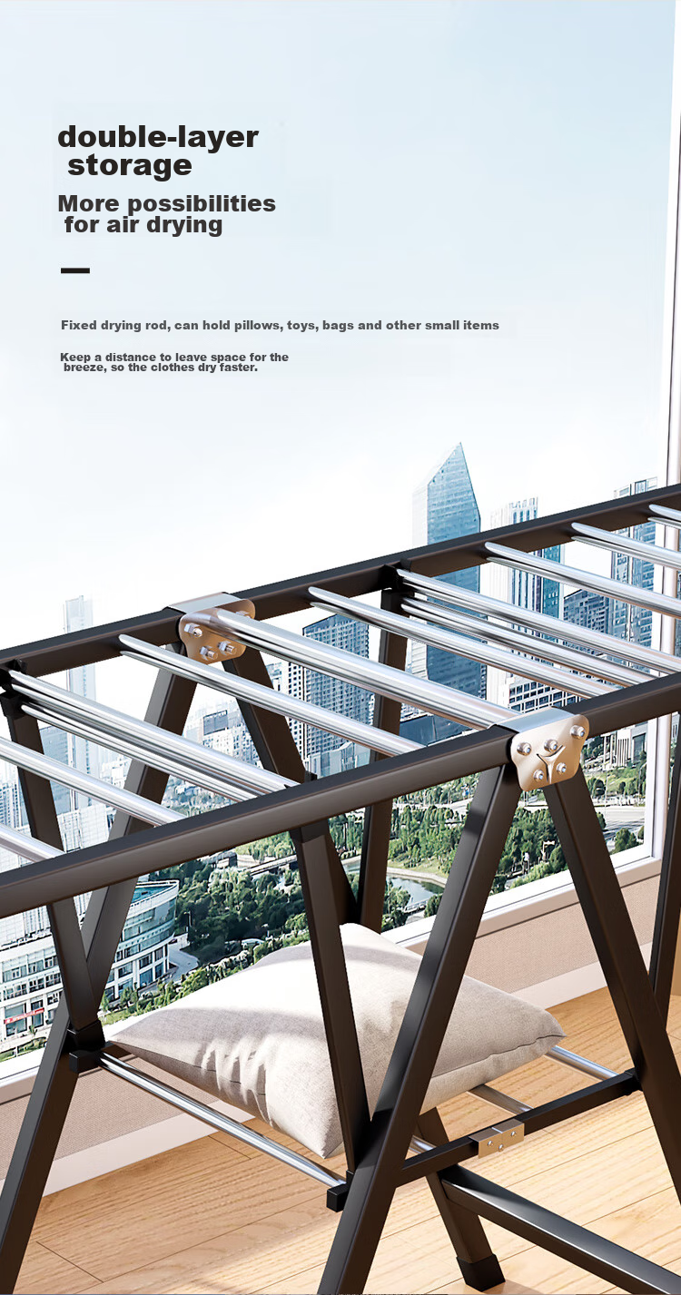 QIAONAMEI Clothes Drying Rack, Floor-Standing Foldable Hanger, Indoor Drying Pole, Balcony Quilt Drying Tool, Clothes Rack 4147BK 9
