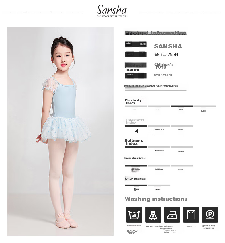Sansha Children's Dance Tutu, Ballet Leotard for Girls with Heart-Shaped Puff Sleeves, Performance Dress with Open Crotch, White, Size L 2
