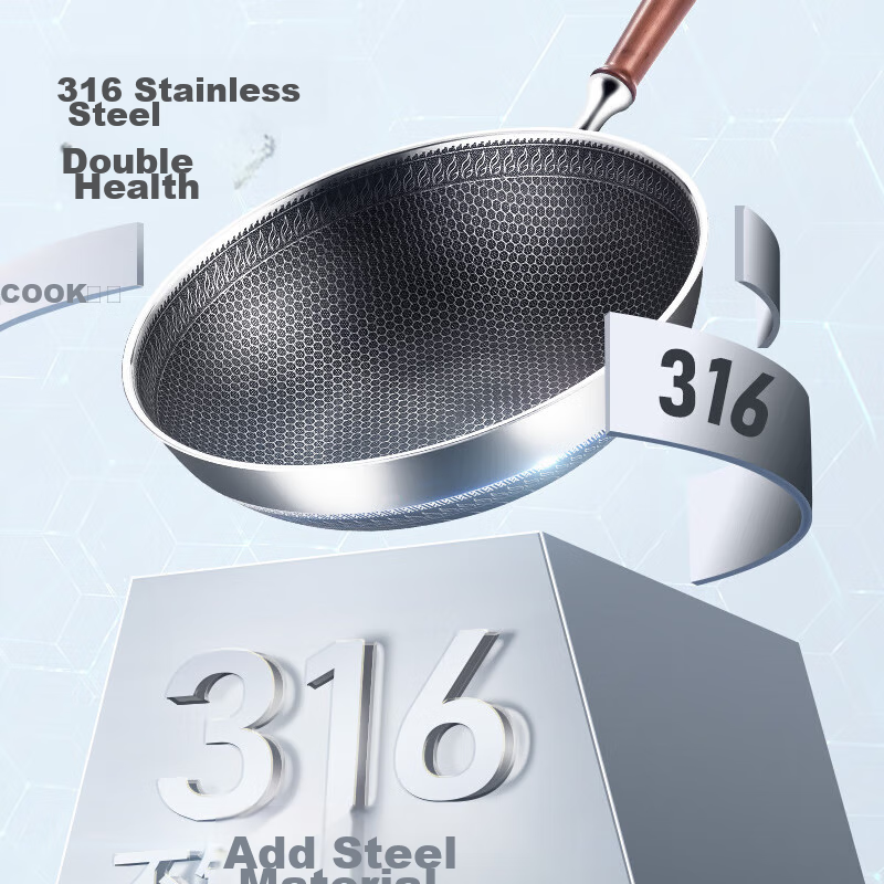 Сковорода MAXCOOK Wok, 316 нержавеющая сталь, 32см, антипригарная, трехслойная сталь, подходит для газовых и индукционных плит, MCC3902
